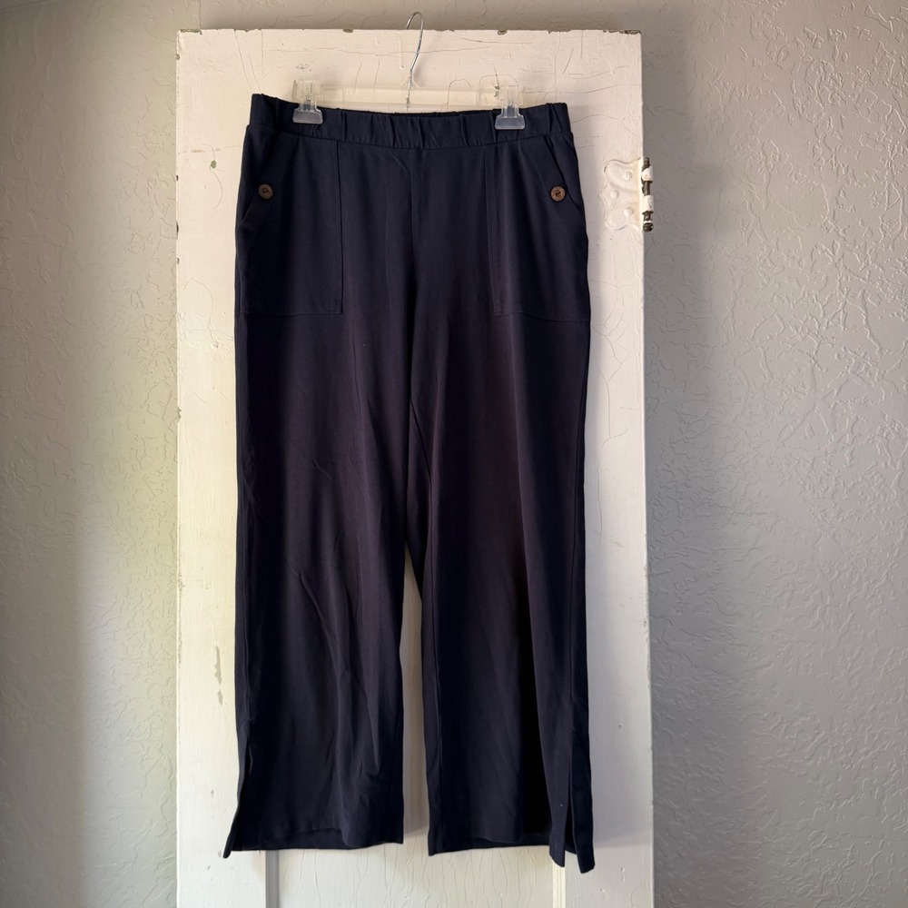 Pure Jill Navy Blue Wide Leg Crop Pants M Tall Knit Elastic Waist Button Detail‎